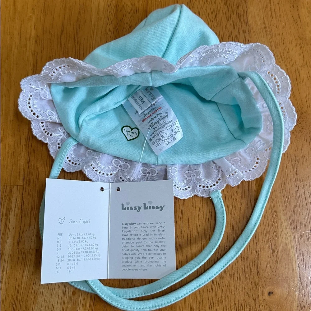 🎁NWT kissy kissy Baby hat 100% cotton Mint Lace Bonnet Sun Protection Spring